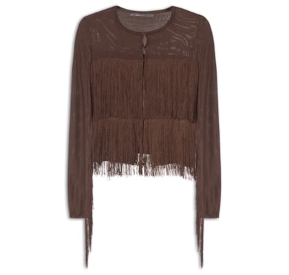 Ai Cardigan Feminino  Tricot Franjas - Marrom