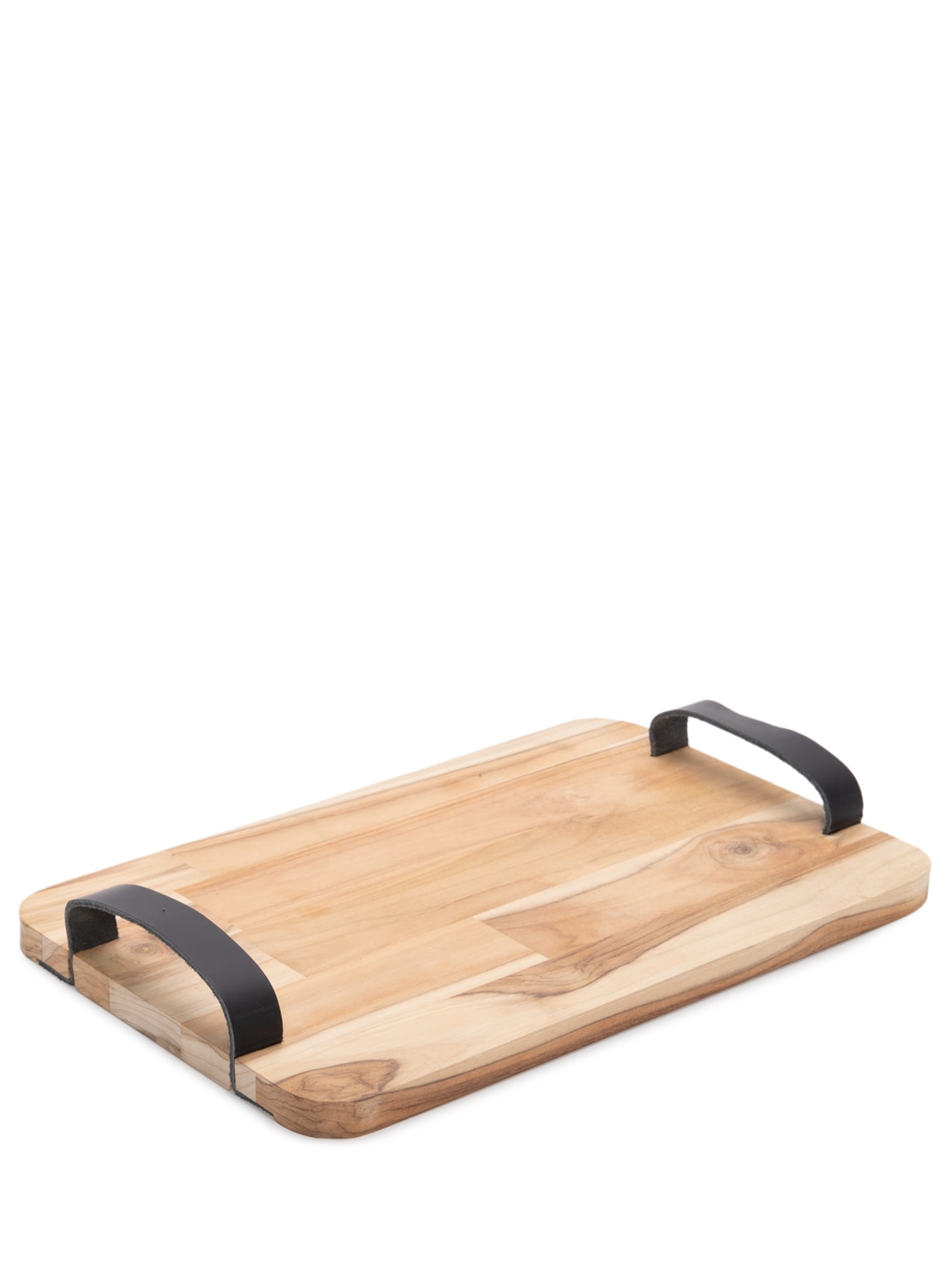 Bandeja De Madeira Teca Com Alça De Couro - Bege