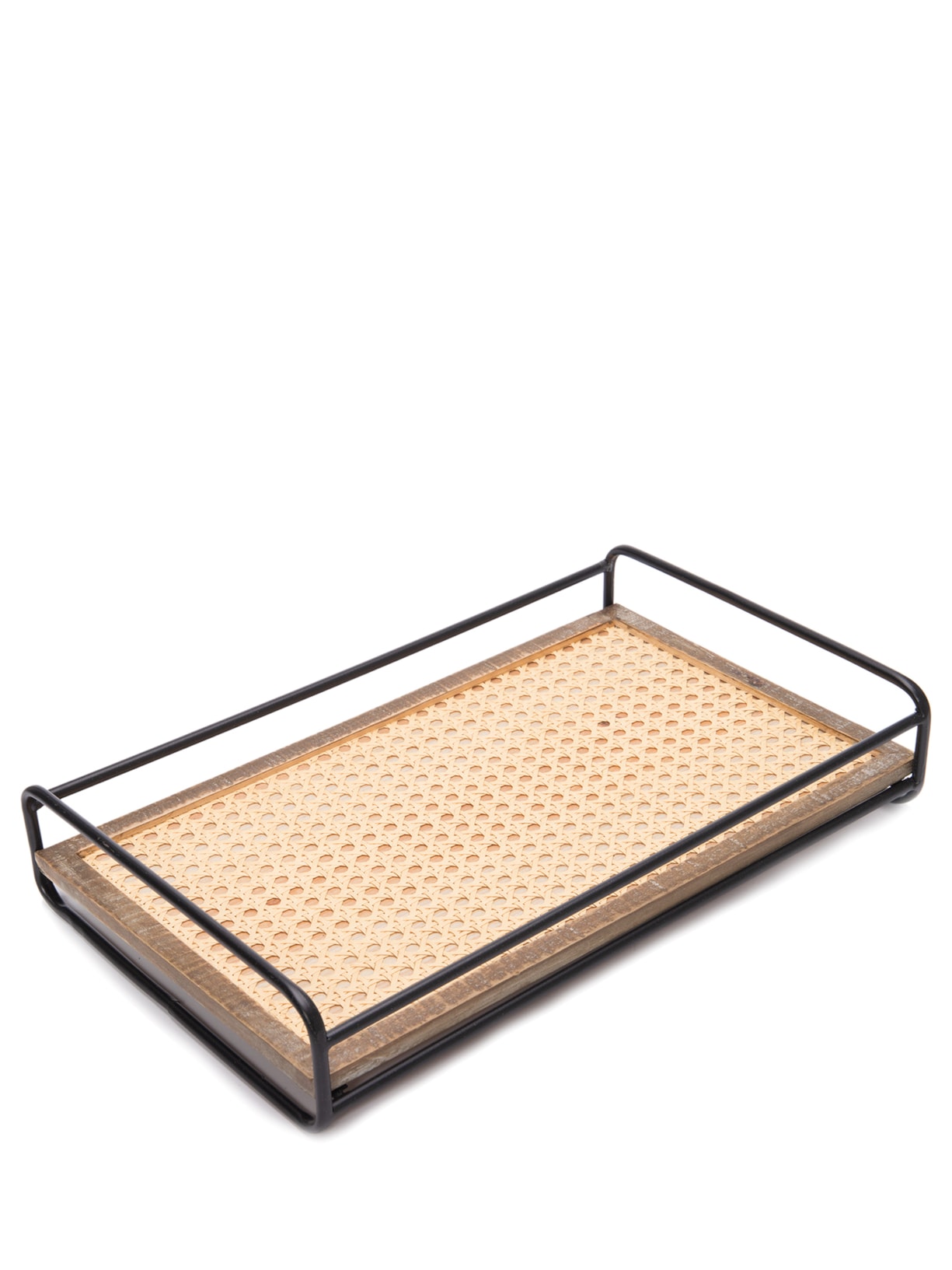 Bandeja Em Madeira Metal E Rattan - Marrom