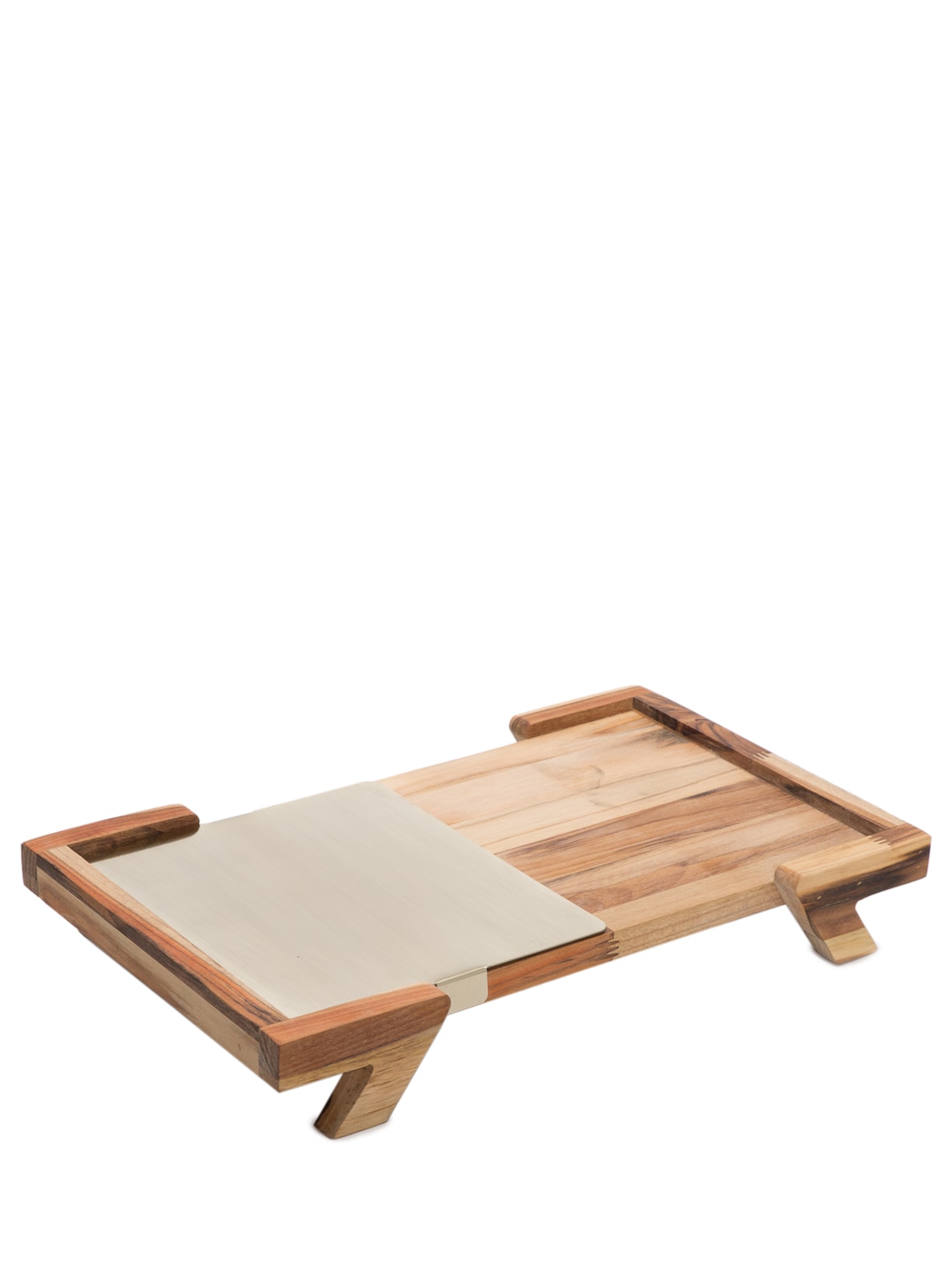 Bandeja Retangular de Madeira com Aço Inox - Marrom