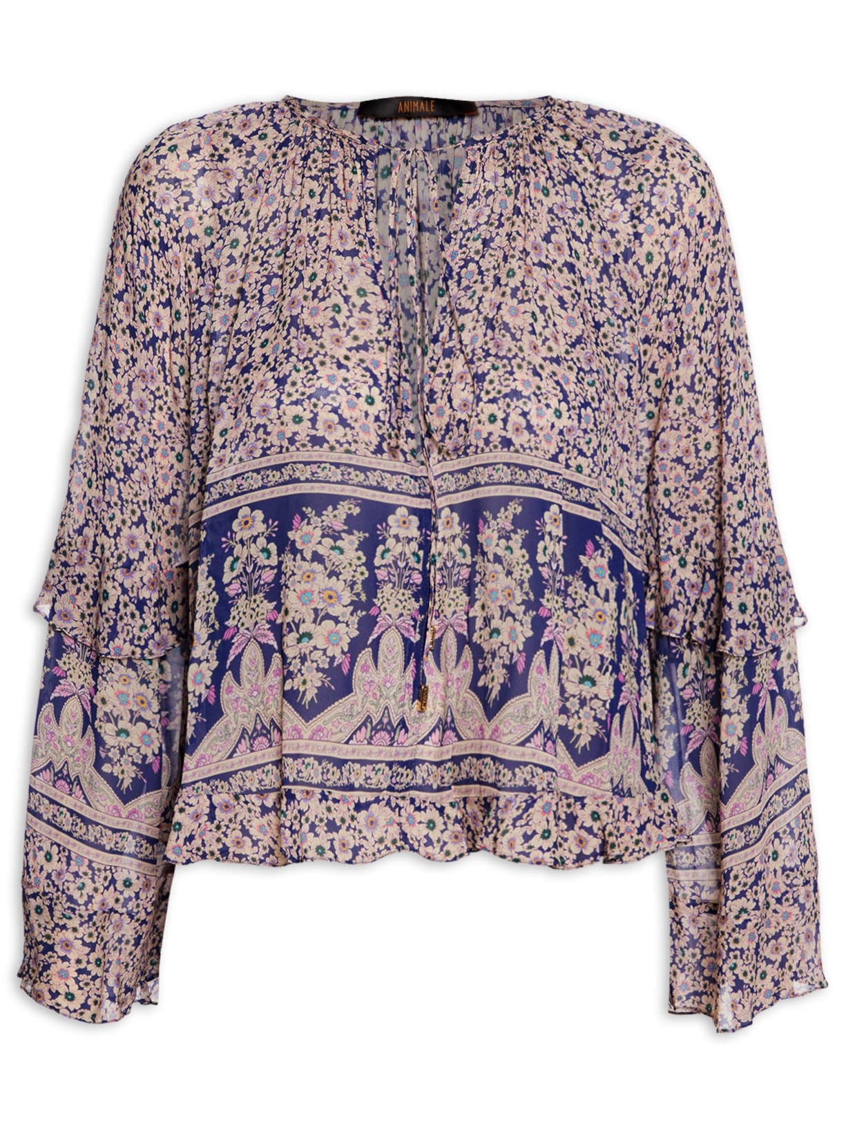 Bata Feminina De Georgette Estampada Manga Ampla - Azul