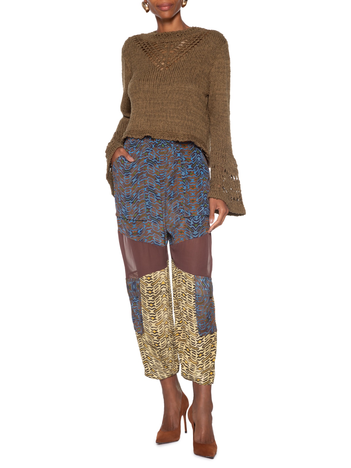 Bata Feminina Decote Aberto De Tricot Over Marrom Animale