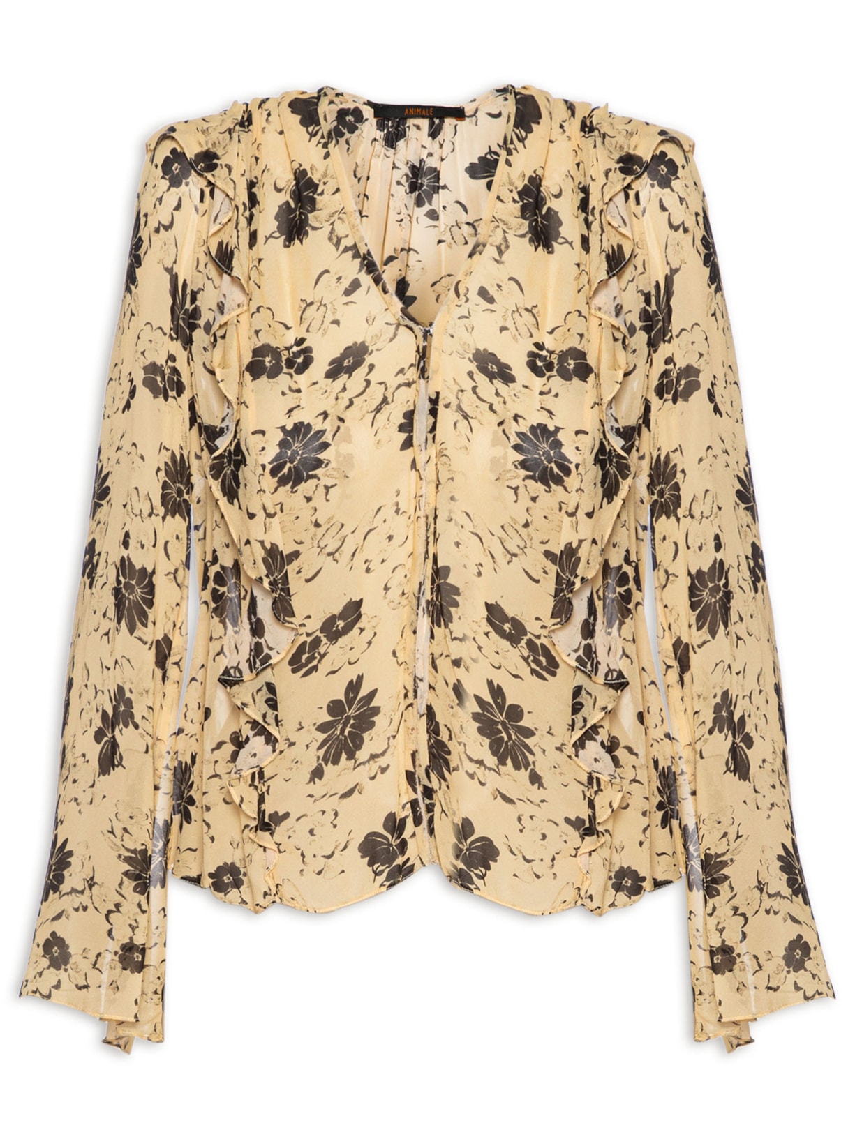 Bata Feminina Decote V Babados Floral Carimbo - Bege