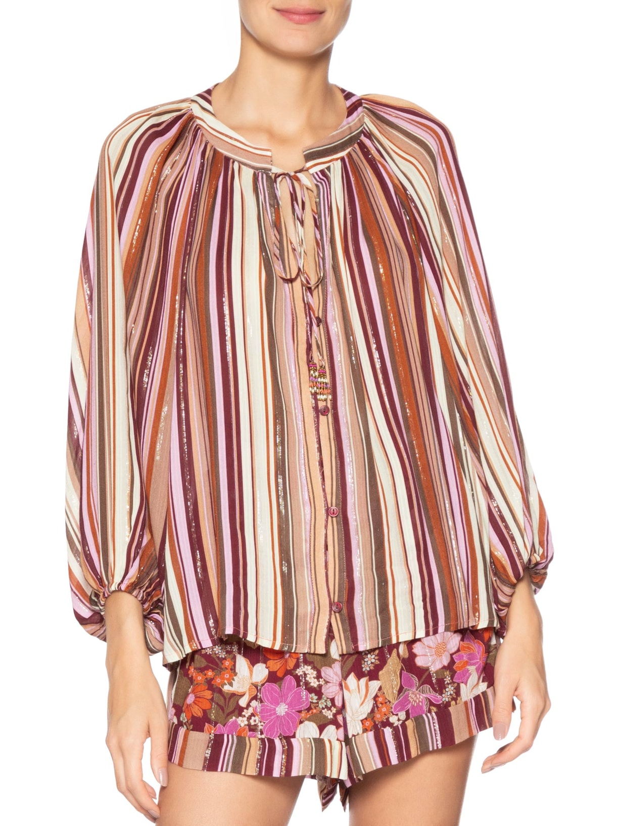 Bata Feminina Lurex Estampa Listra Aurora Rosa Dress To