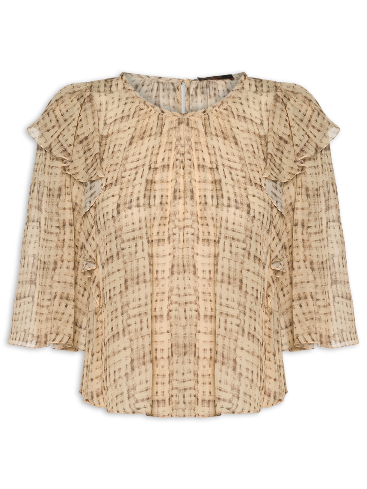 Bata Feminina Manga Curta Babado Ombro Textura Trama - Bege