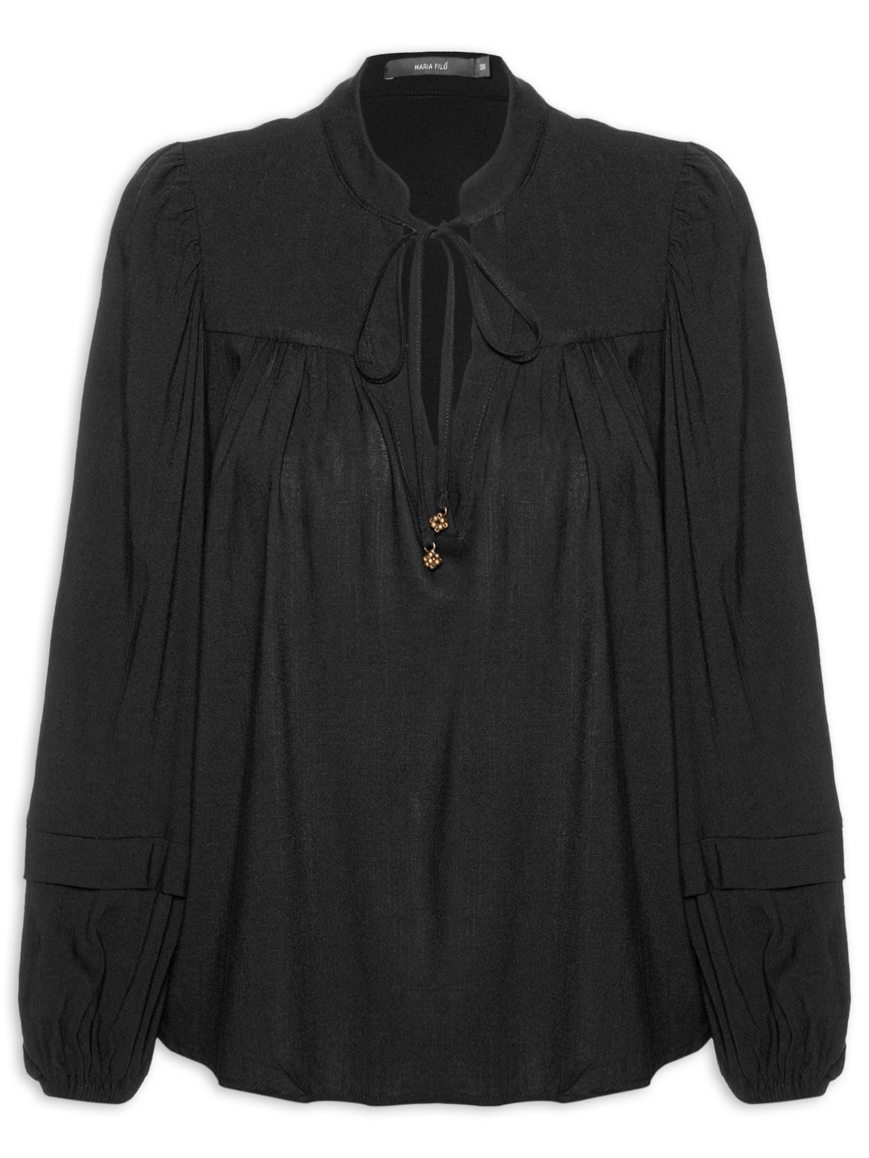 Bata Feminina Manga Pregas Decote V Preto Maria Filó