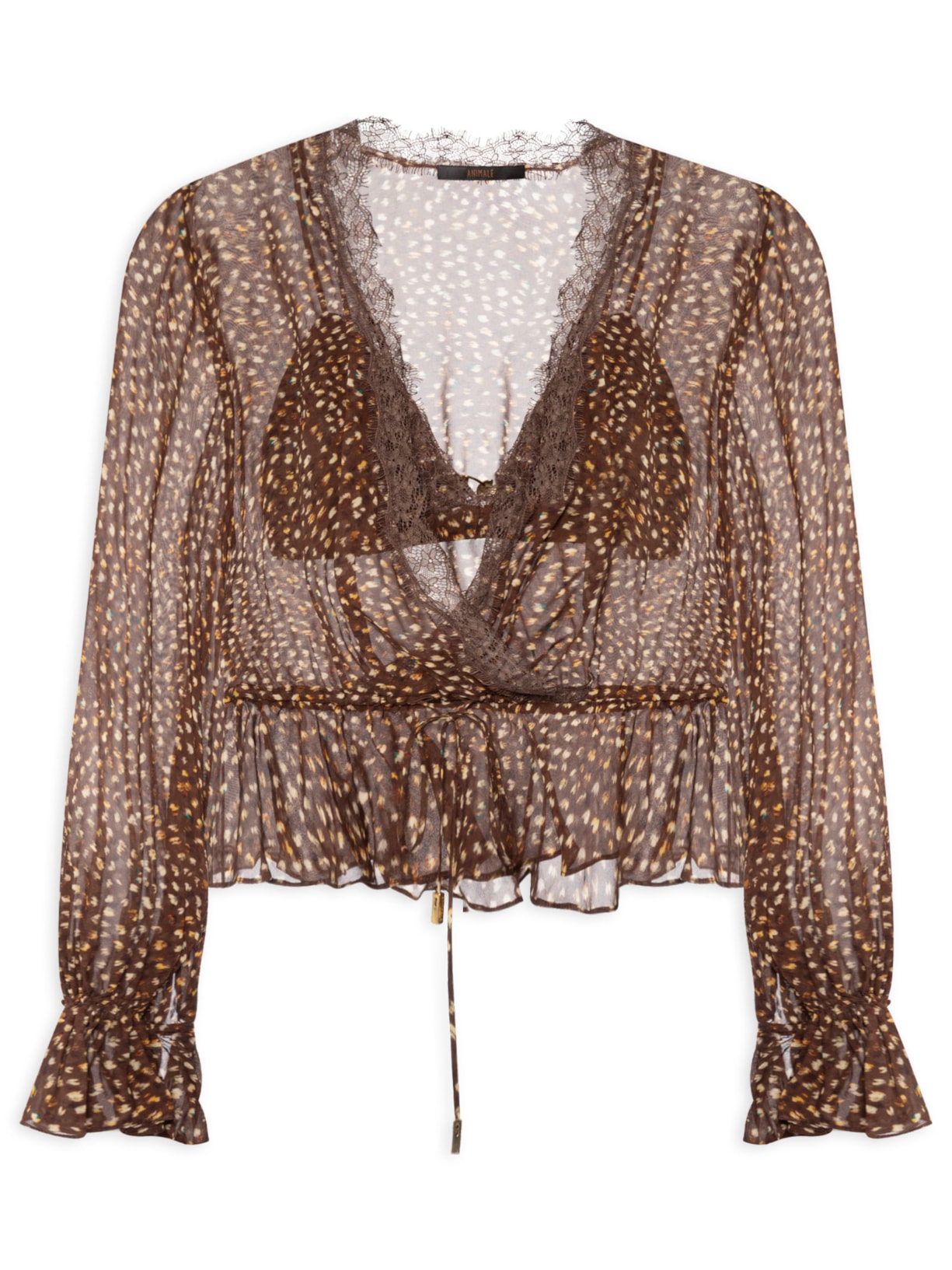 Bata Feminina Peplum Com Renda Textura Selva Marrom Animale