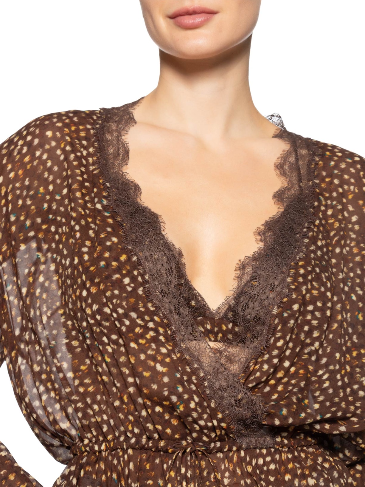 Bata Feminina Peplum Com Renda Textura Selva Marrom Animale