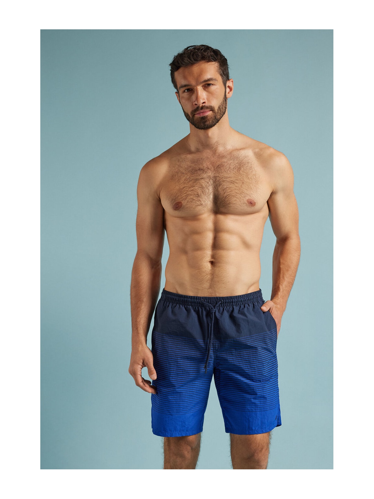 Bermuda De Banho Comprida Com Estampa De Listras Azul Intimissimi