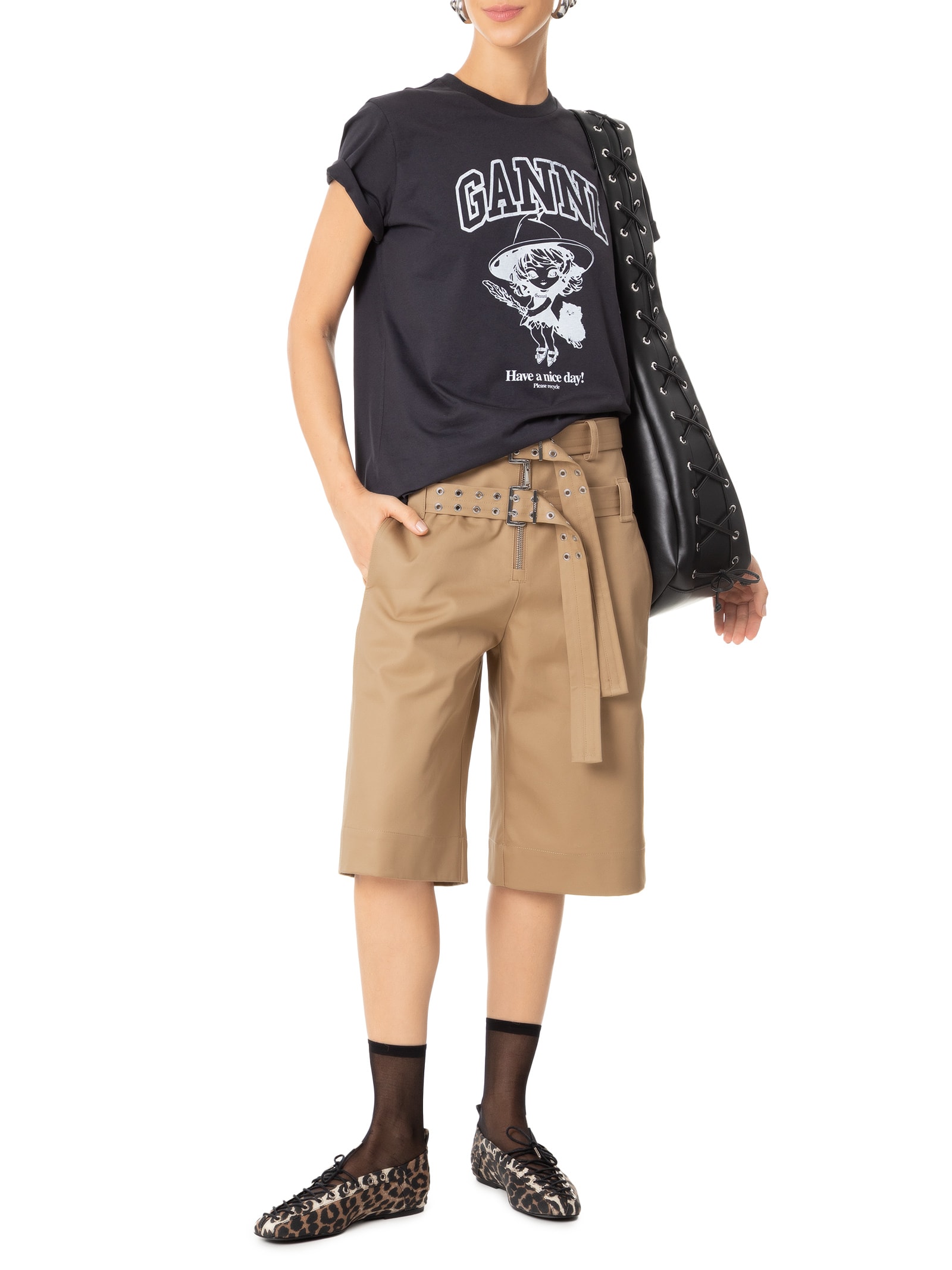 Ganni - Bermuda Feminina Bonded Cotton Belt Shorts - Marrom