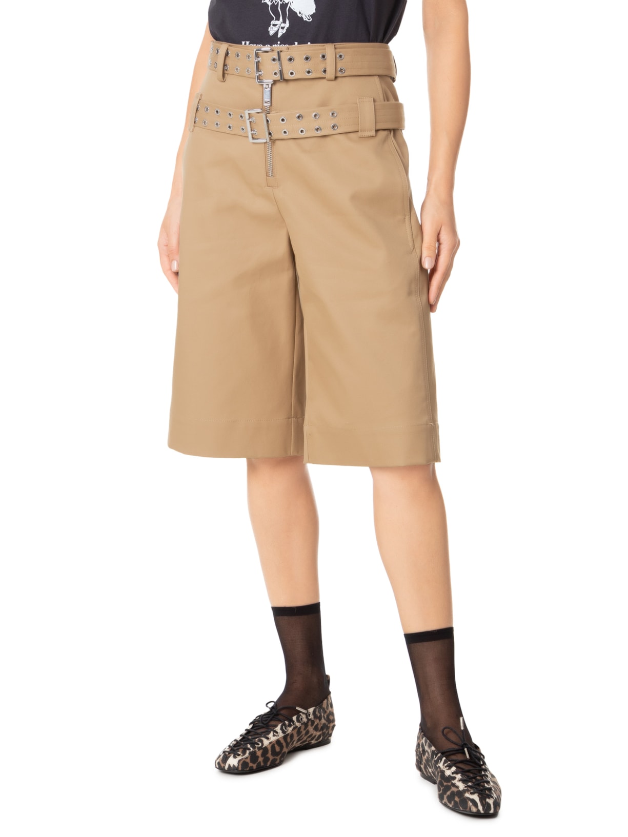 Bermuda Feminina Bonded Cotton Belt Shorts Marrom Ganni