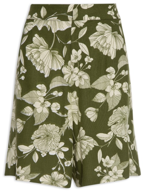 Bermuda Feminina Cintura Alta Linho Misto Estampado - Verde