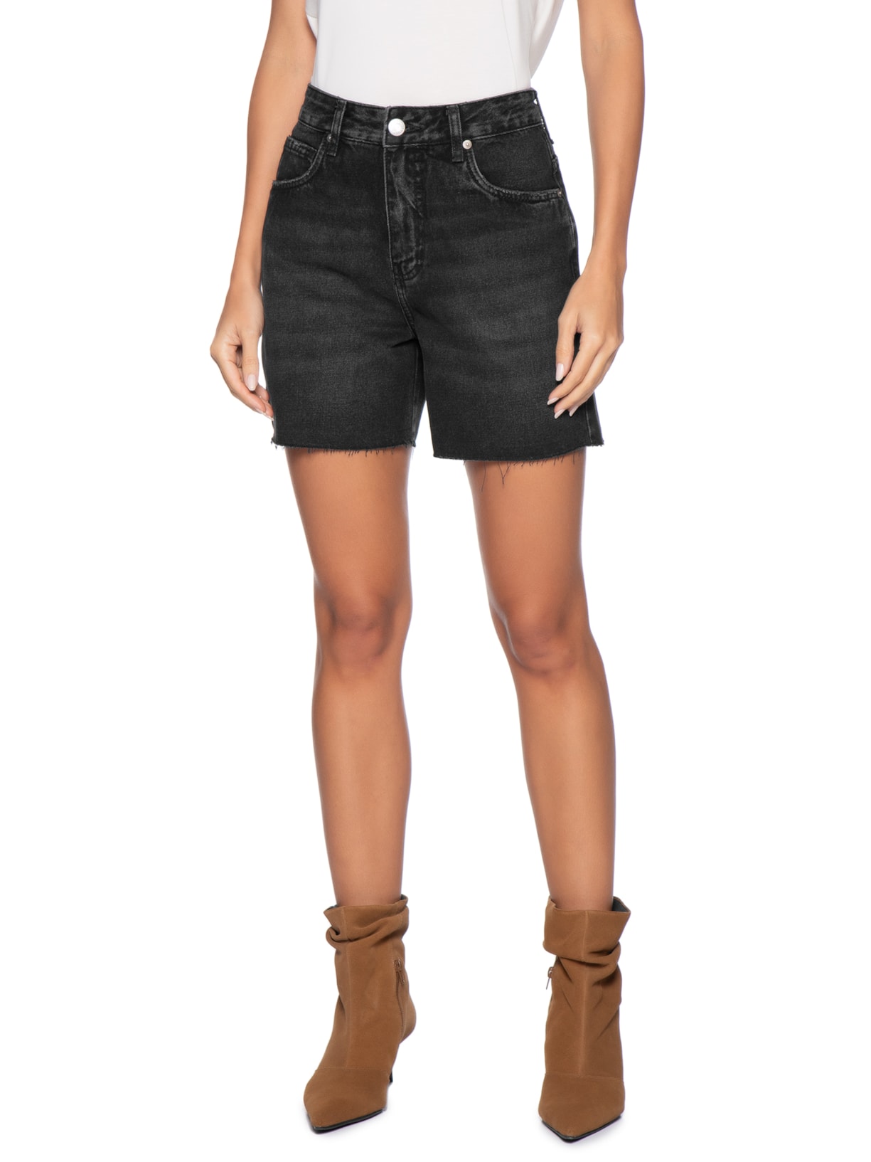 Bermuda Feminina Jeans Black Used Barra a Fio Preto Maria Filó