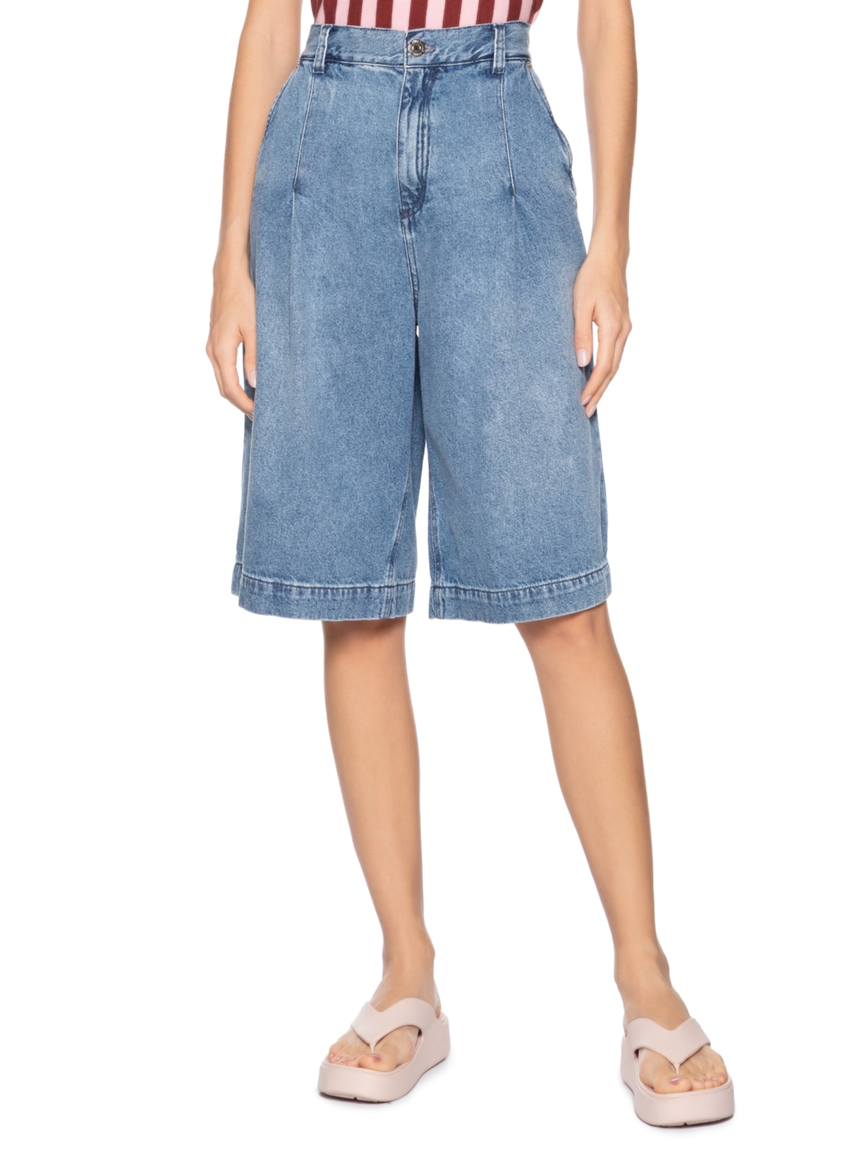  Bermuda Feminina Jeans Blue Pregas Azul Animale Jeans