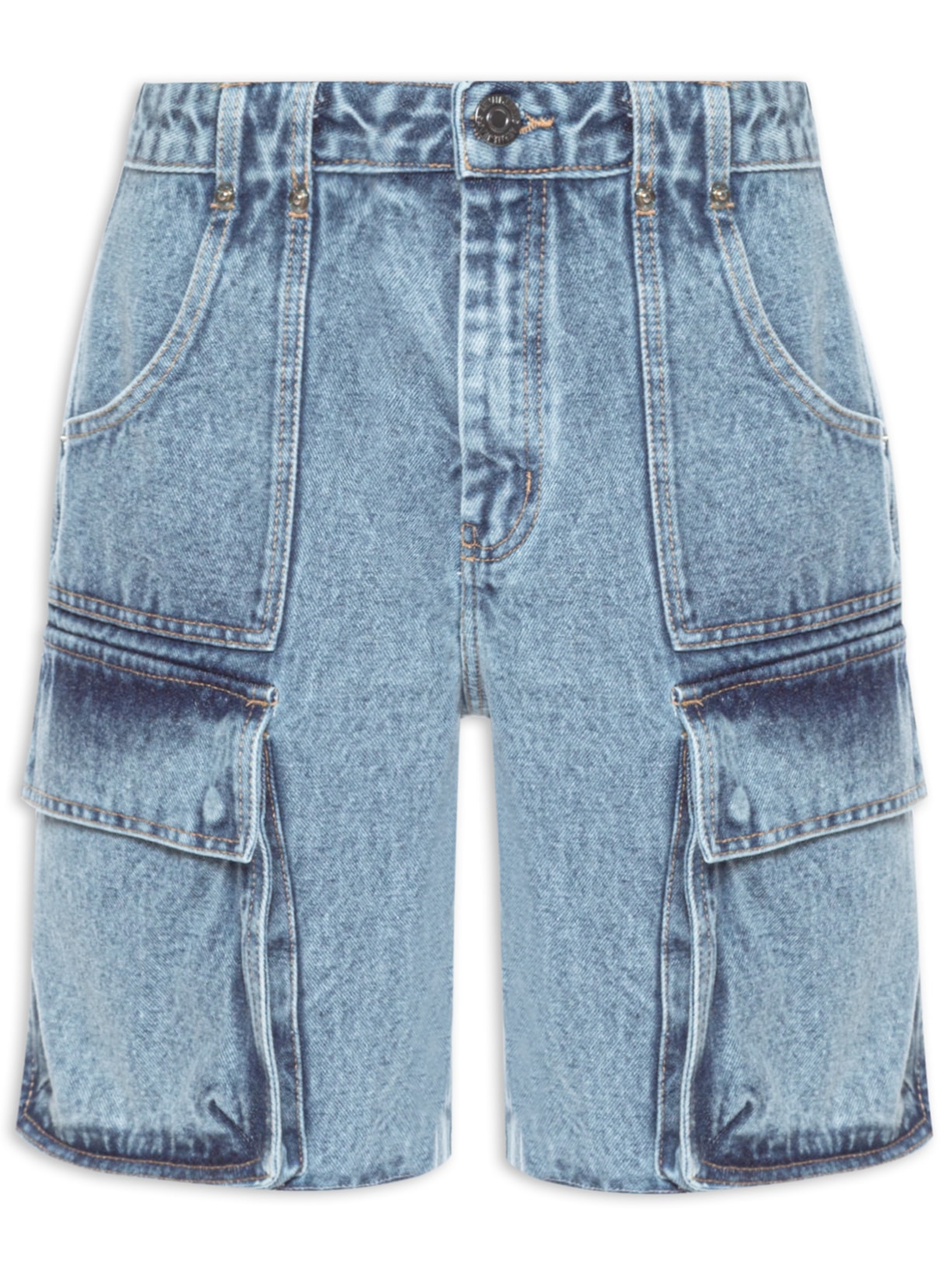 Bermuda Feminina Jeans Cargo Midi - Azul