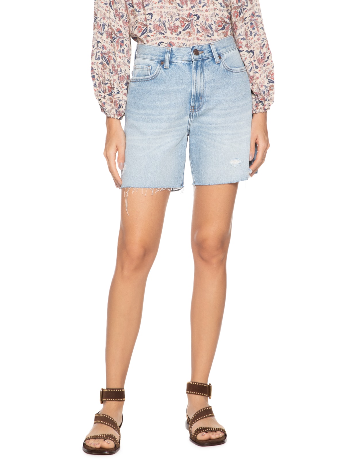 Bermuda Feminina Jeans Cintura Média Destroyed Azul Maria Filó