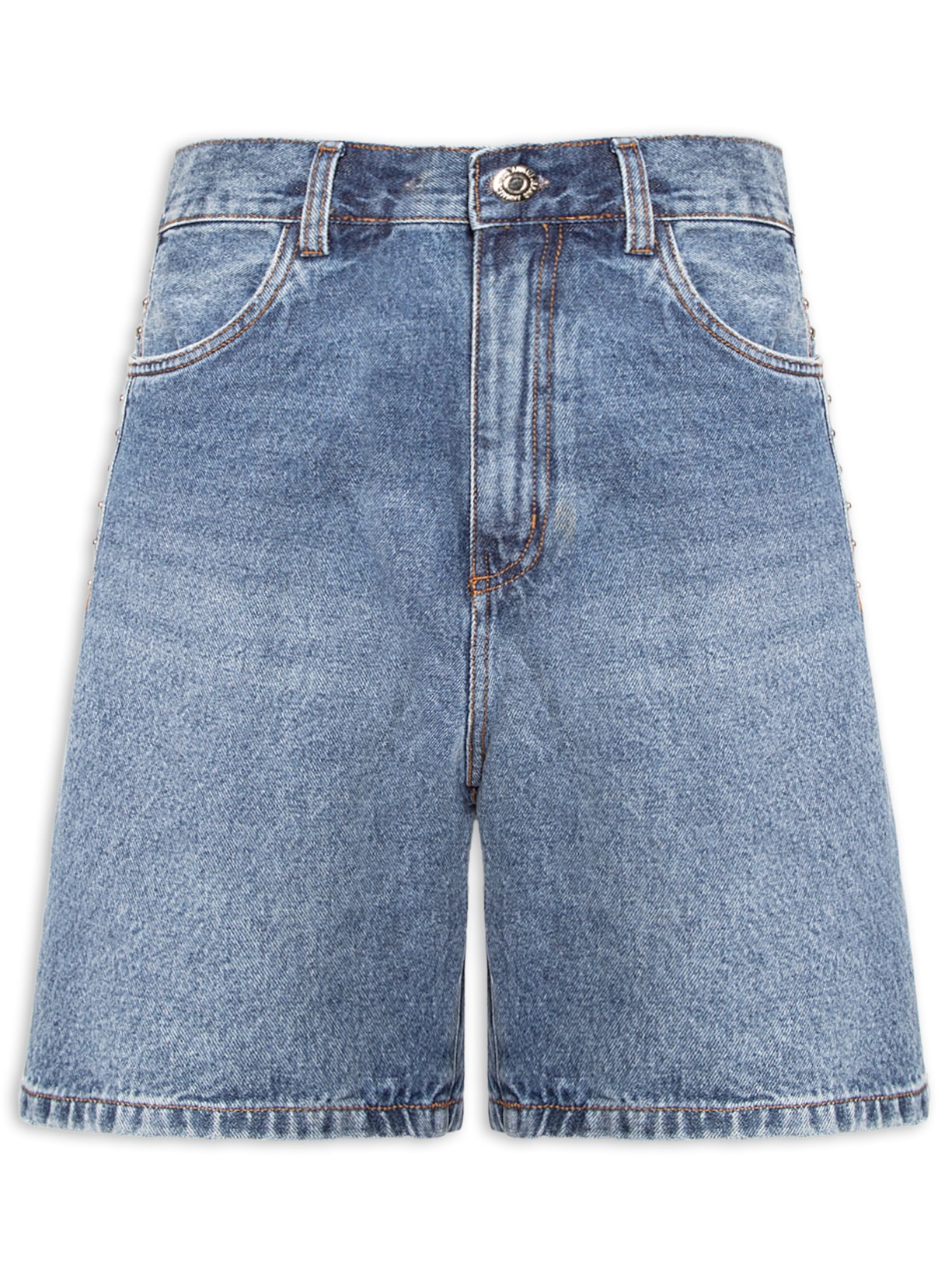 Bermuda Feminina Jeans Long Rise Detalhes Tachas - Azul