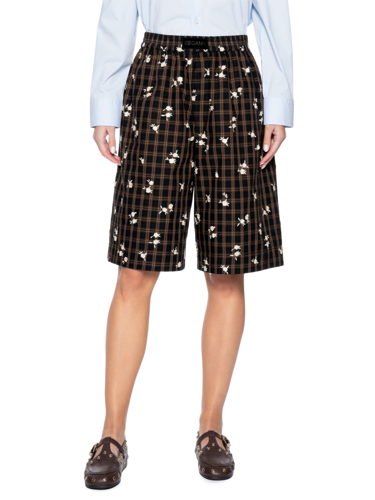 Bermuda Feminina Yarn Dyed Check Flower Marrom Ganni