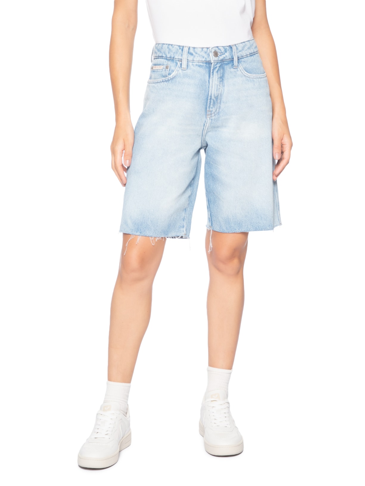 Bermuda Jeans Feminina Baggy Barras A Fio Azul Calvin Klein Jeans