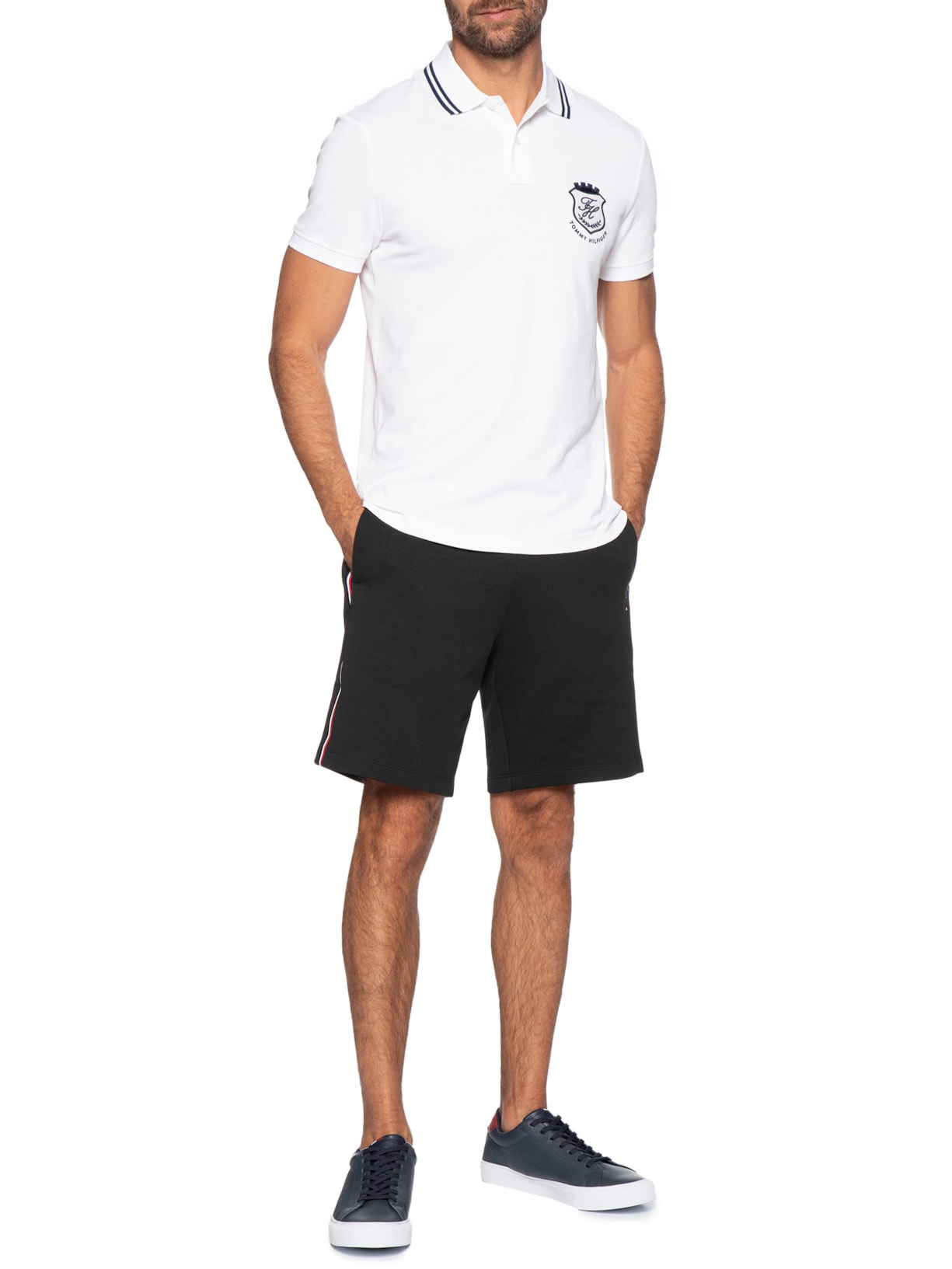 Bermuda Masculina Global Stripe em Moletom Preto Tommy Hilfiger