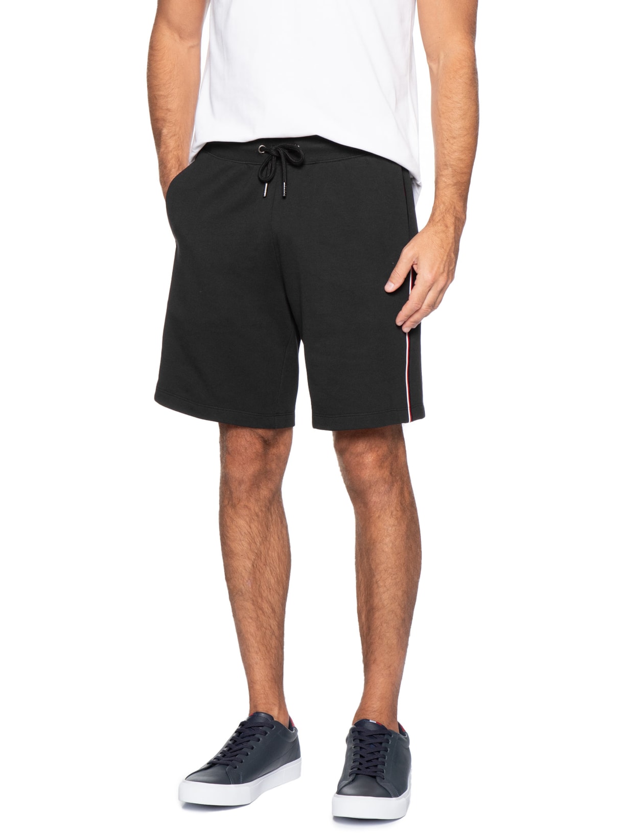 Bermuda Masculina Global Stripe em Moletom Preto Tommy Hilfiger