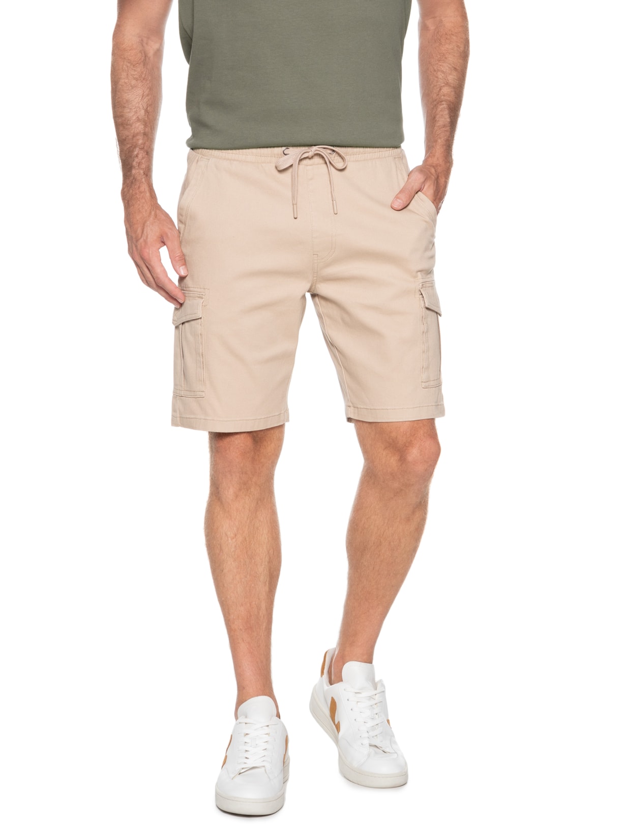 Bermuda Masculina Sarja Meio Elástico Cargo Bege Basiq Men