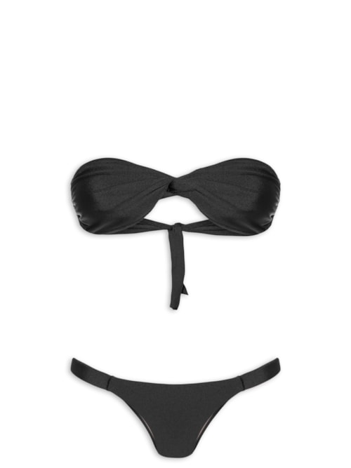 Biquíni Bandeau Torcido E Calcinha Fixa - Preto