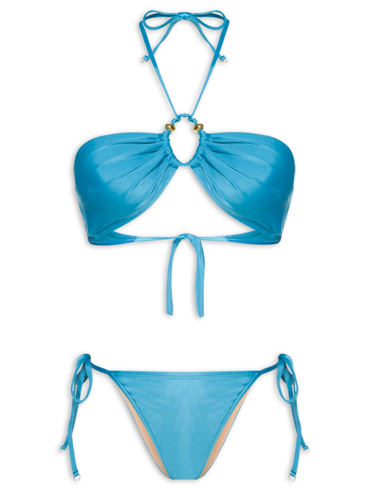 Biquíni Cortininha Invertida E Calcinha De Amarração Lateral - Azul