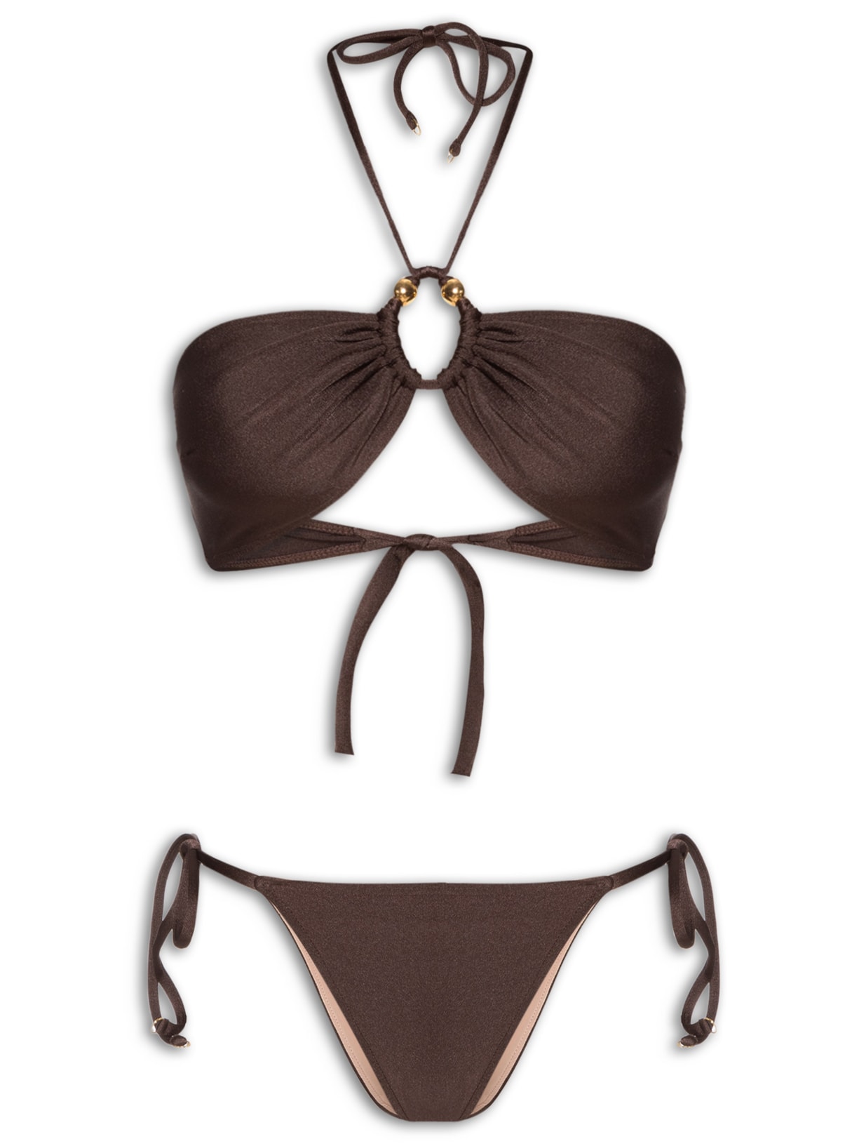 Biquíni Cortininha Invertida E Calcinha De Amarração Lateral - Marrom