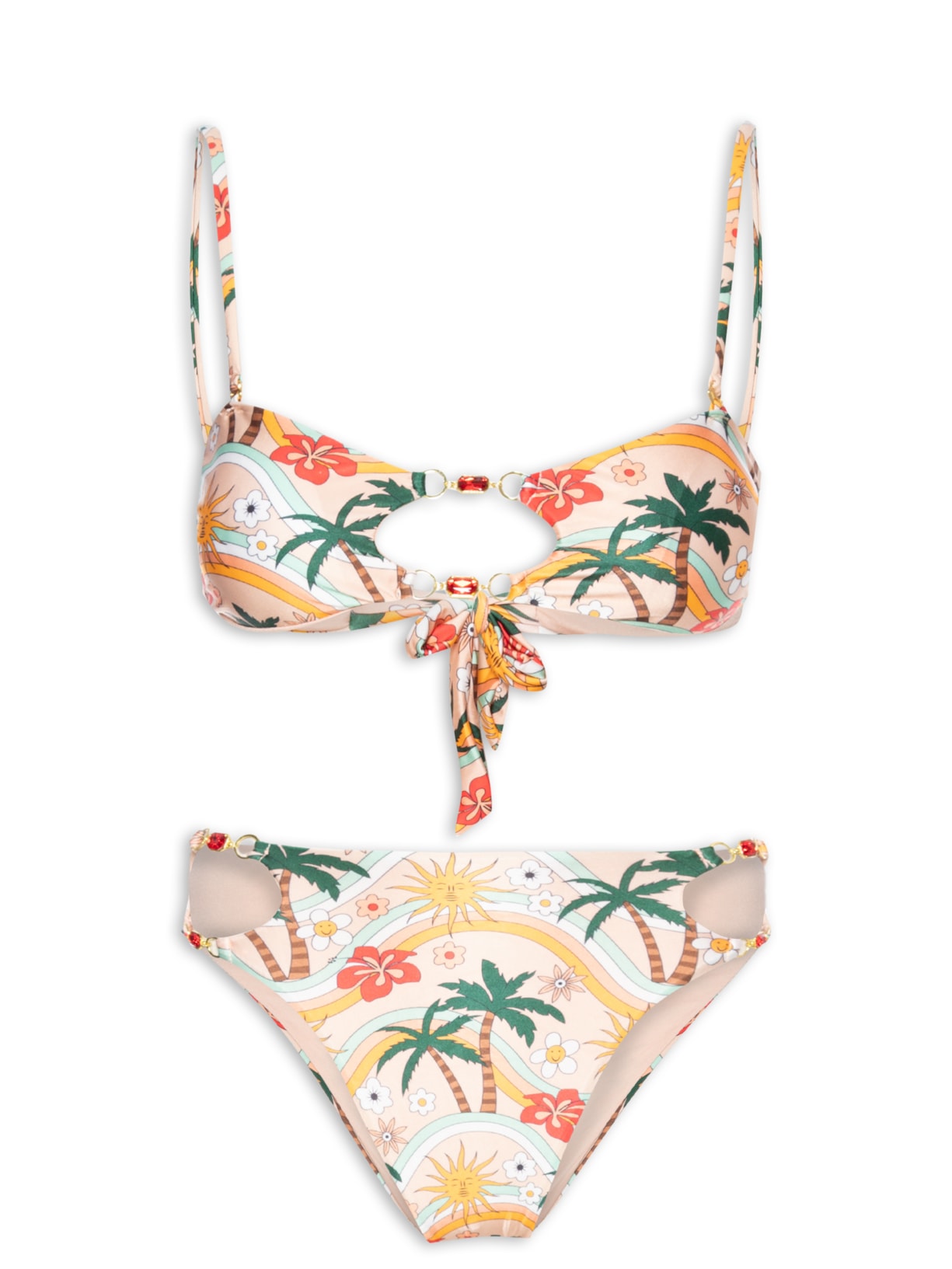 Biquíni Estampado Com Pedraria - Bege