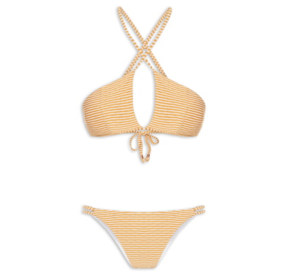 Biquíni Listrado Feminino Com Decote Cruzado - Bege