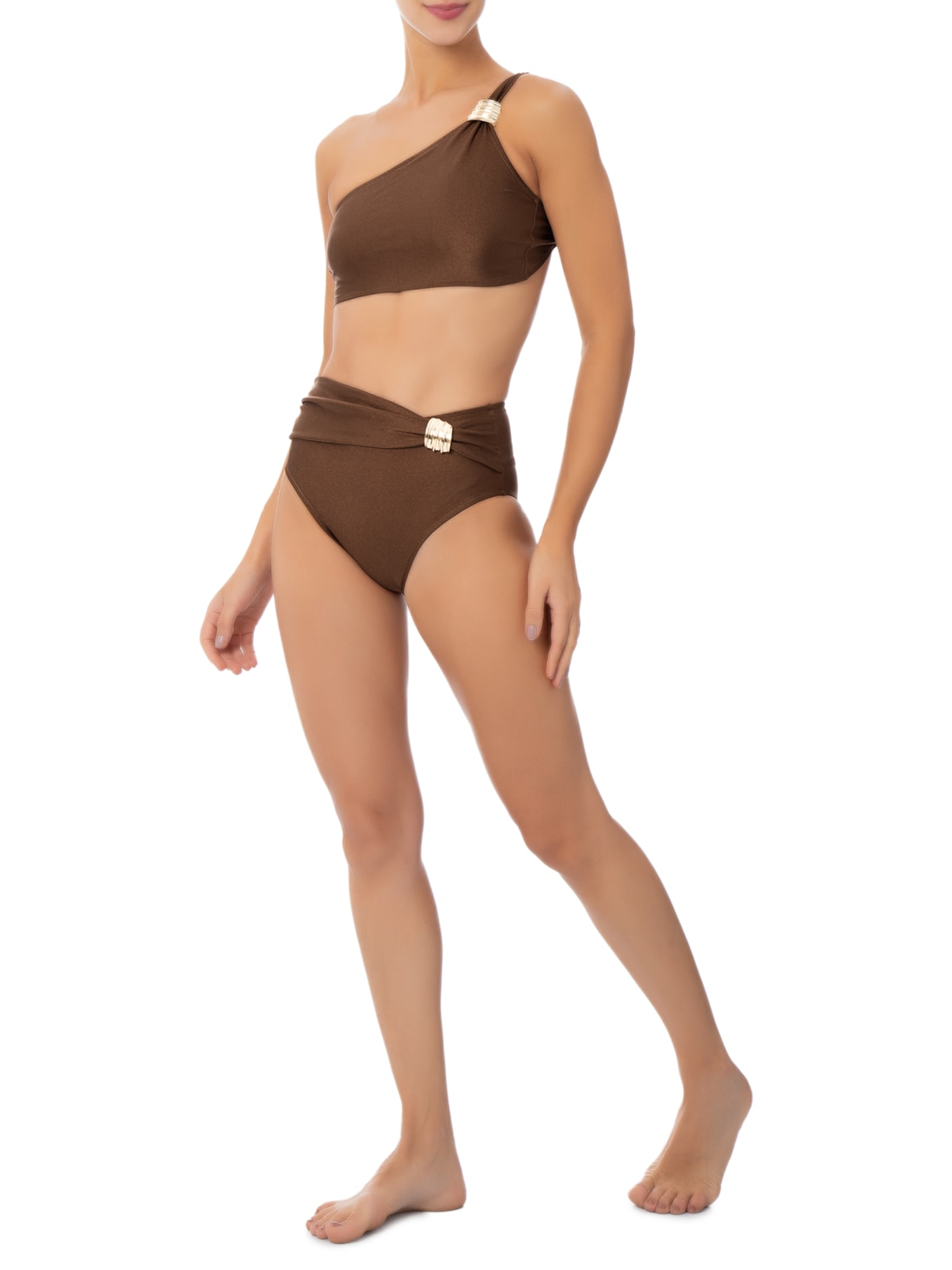Biquíni Ombro Único Com Hot Pants Marrom '2Essential