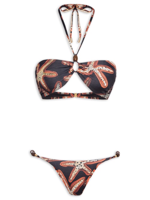 Biquini Top Bandeau Alça Com Pedras Estampa - Preto