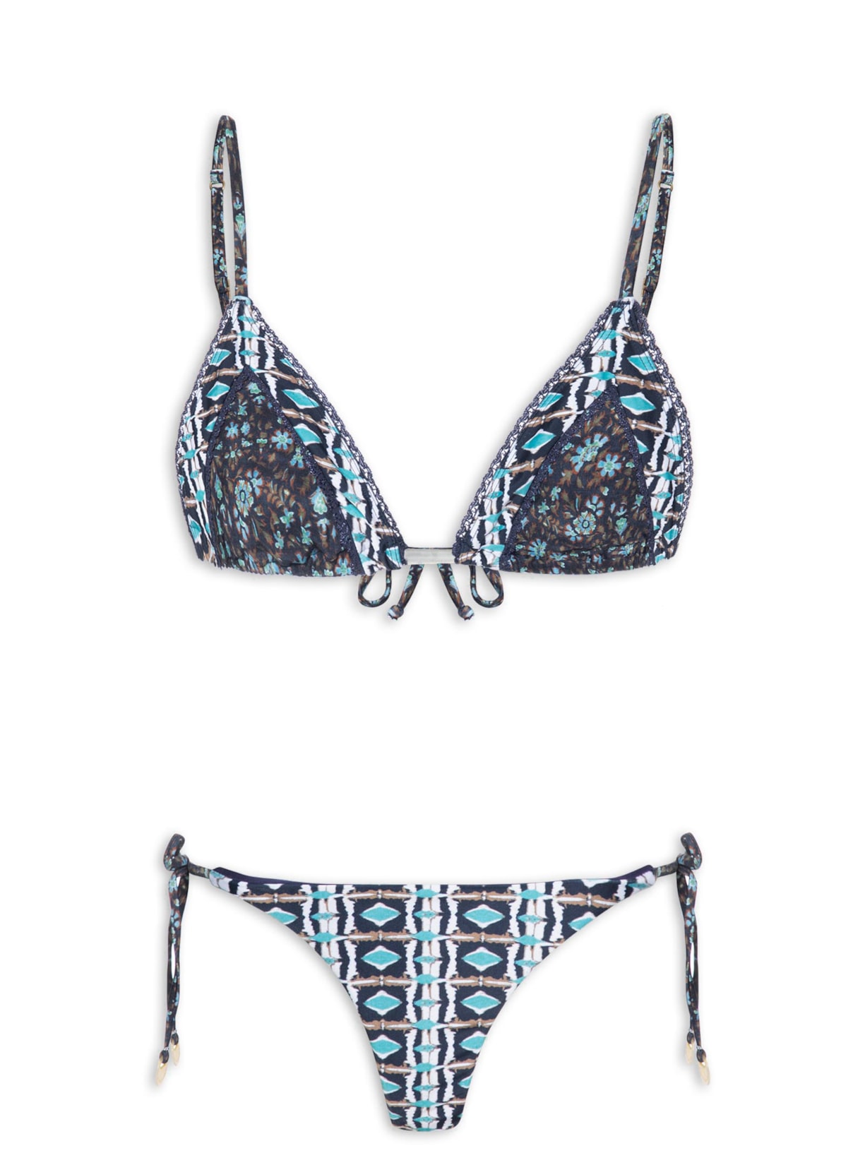 Biquíni Top Cortininha Tanga Amarradinho Estampado - Azul