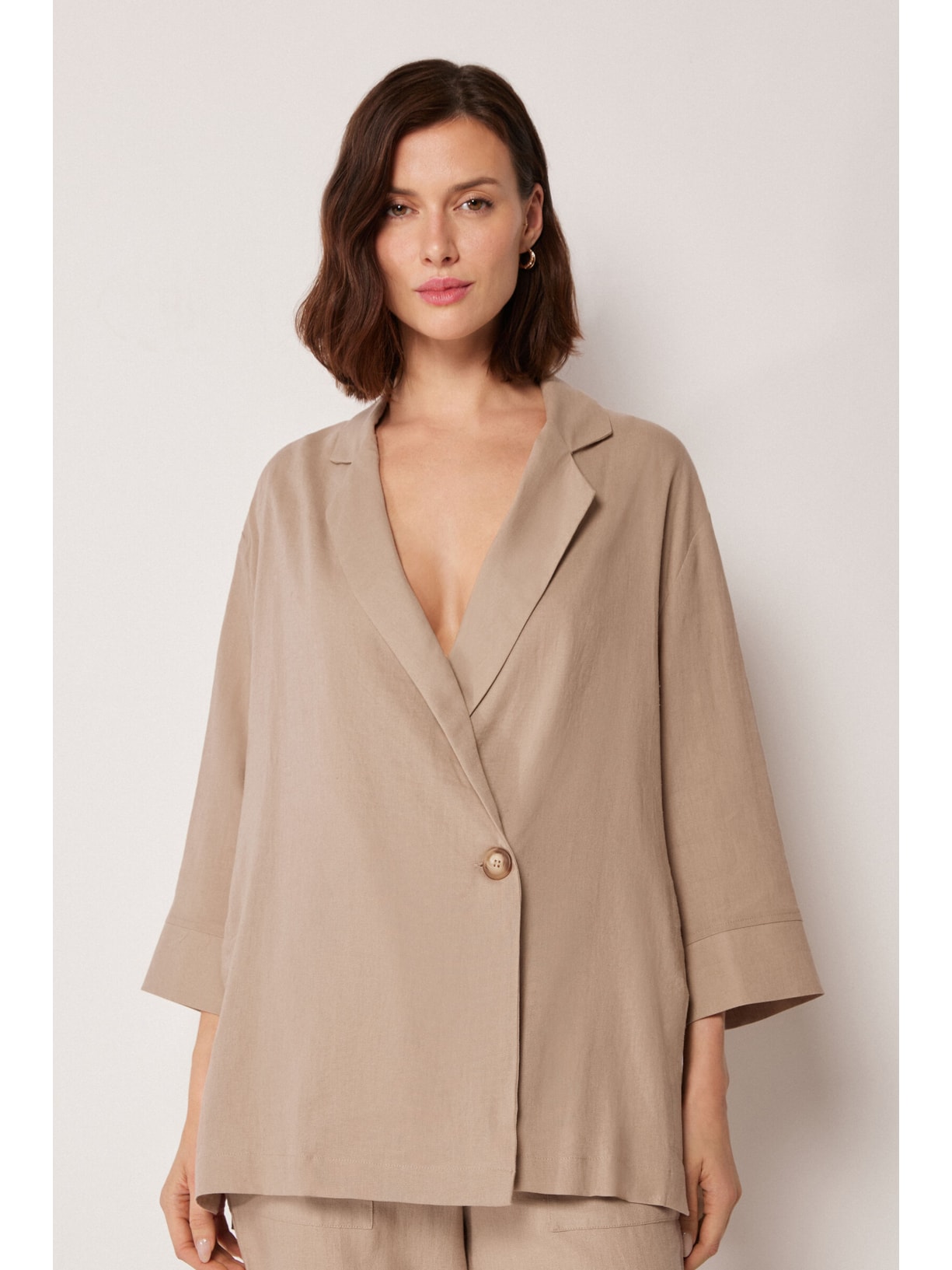 Blazer Em Linho e Viscose Bege Calzedonia