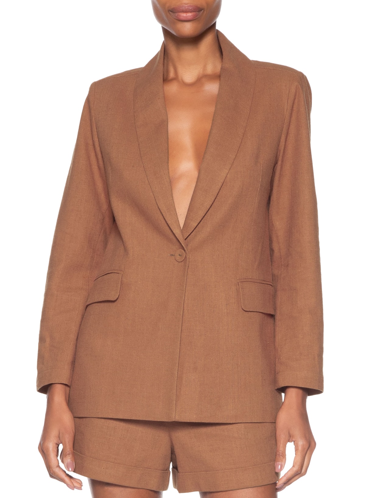 Blazer Feminino Alfaiataria Bolso Frontal Marrom Maria Filó