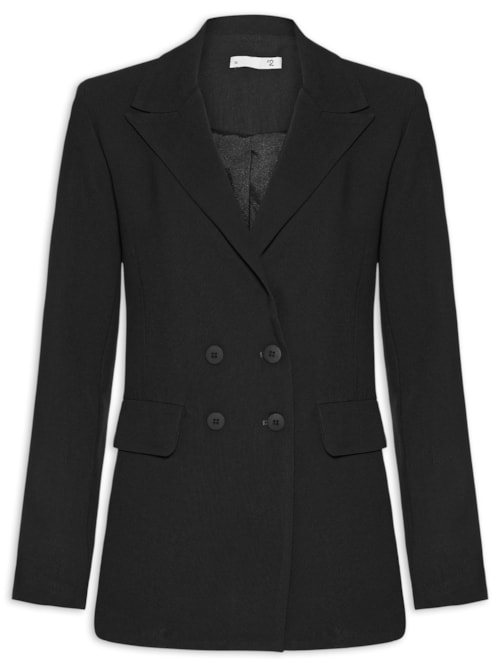 Blazer Feminino Alongado Com Ombreiras Em Crepe - Preto