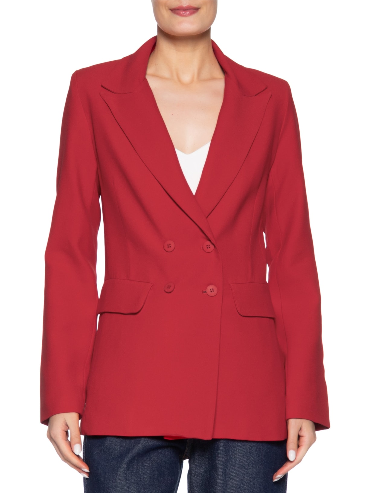 Blazer Feminino Alongado Com Ombreiras Em Crepe Vermelho '2Essential