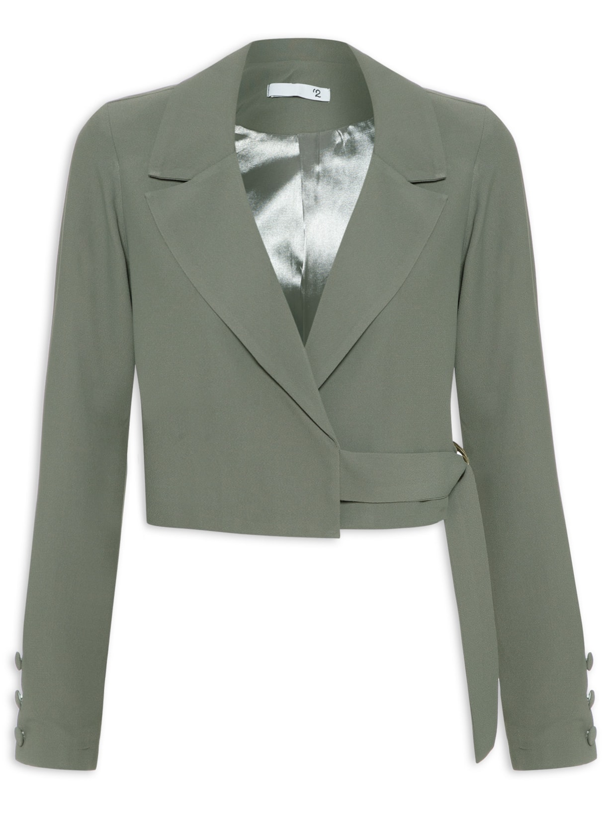Blazer Feminino Cropped Em Crepe Com Fivela - Cinza