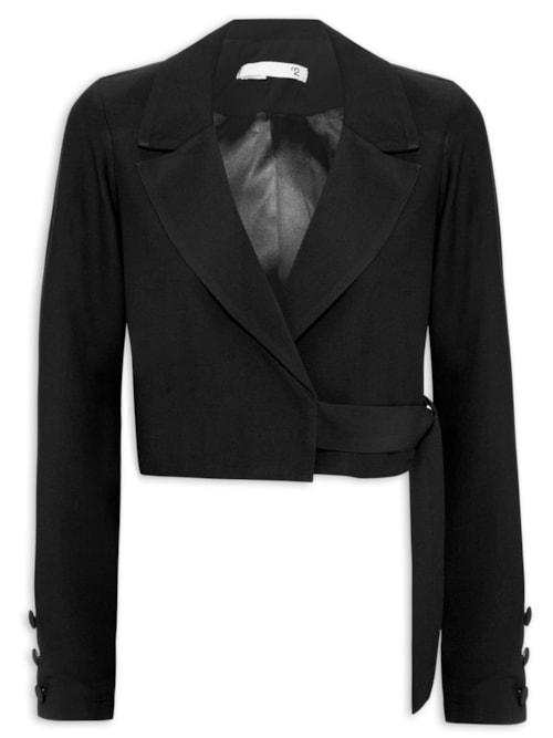 Blazer Feminino Cropped Em Crepe Com Fivela - Preto