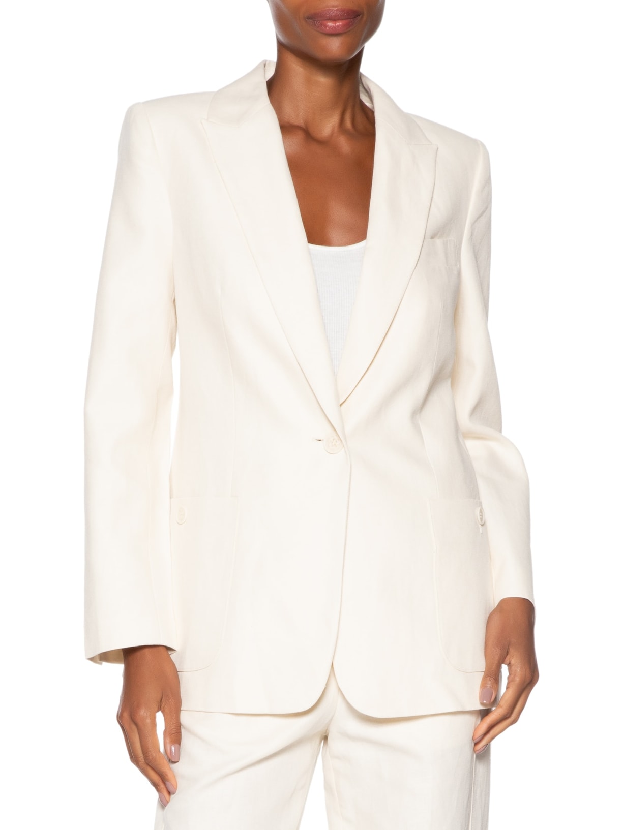 Blazer Feminino De Algodão Com Linho Reto Detalhe Bolsos Oversized Bege Animale