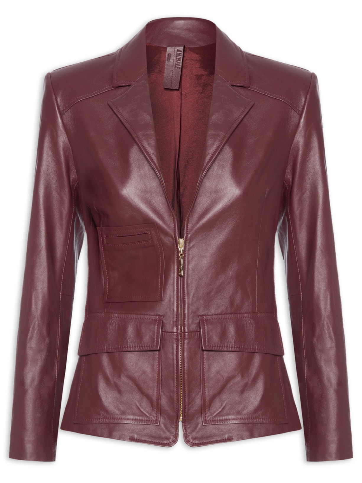 Blazer Feminino De Couro Bolsos Zíper Frontal Vermelho Animale
