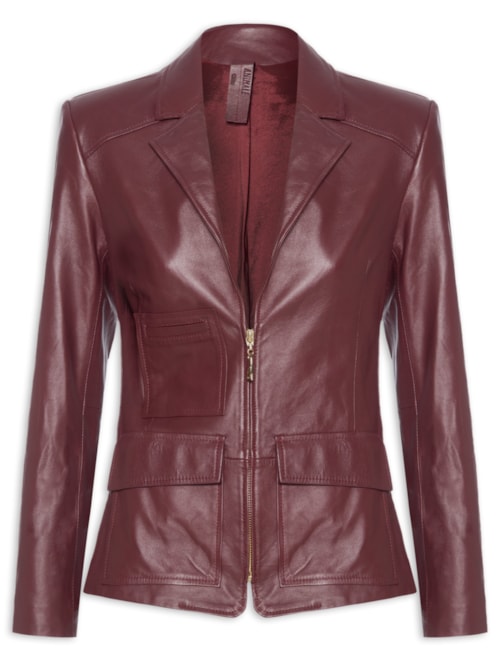 Blazer Feminino De Couro Bolsos Zíper Frontal - Vermelho