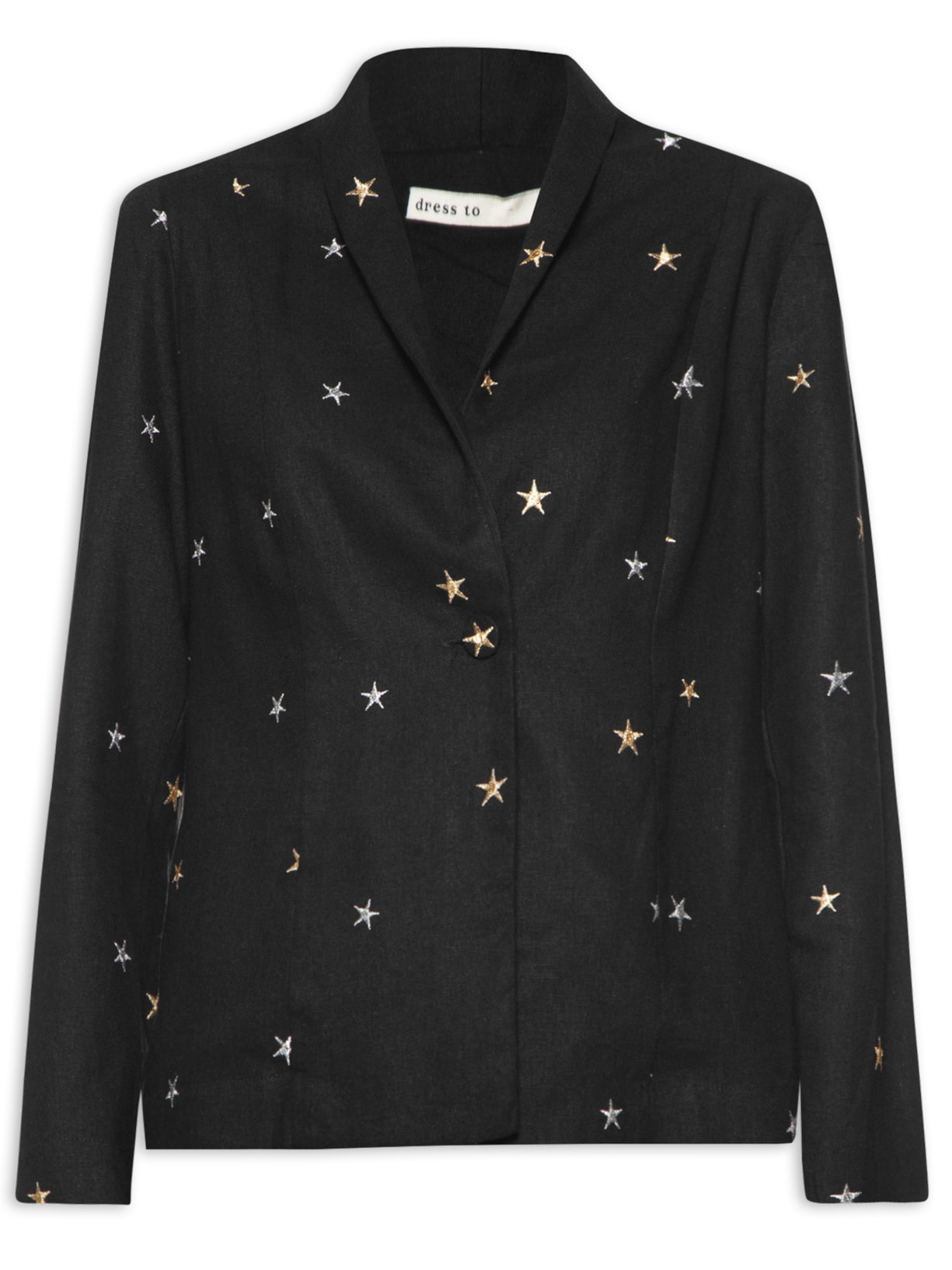 Blazer Feminino Linho Bordado Estrela Lurex - Preto