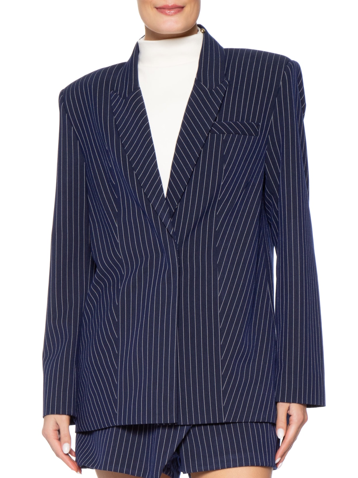 Blazer Feminino Oversized Manga Longa Com Faixa Azul Bo