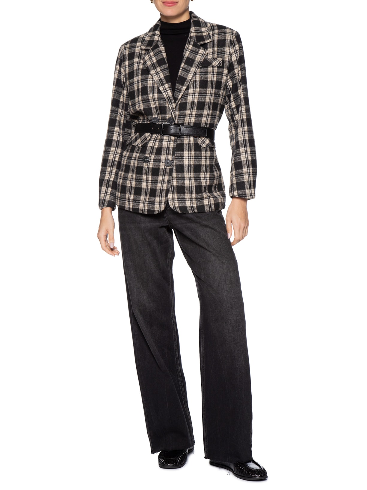 Blazer Feminino Oversized Xadrez Preto Basiq