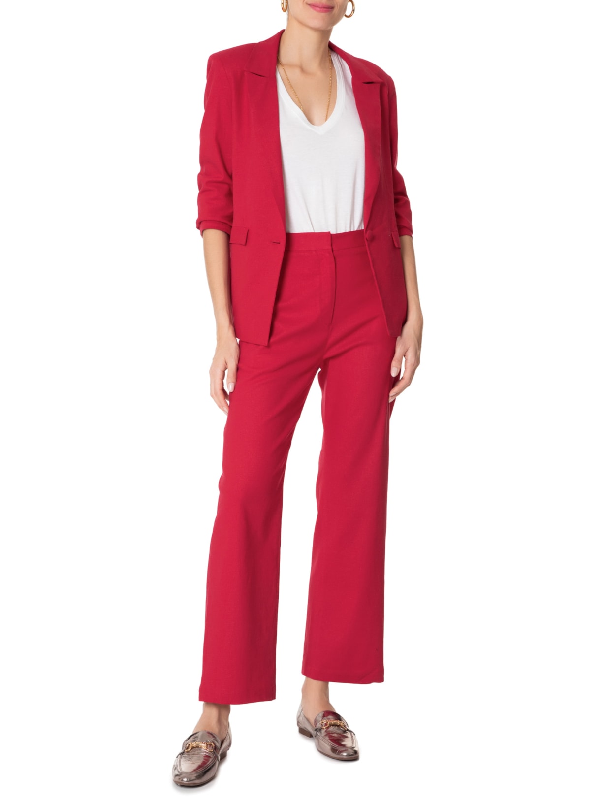 Blazer Feminino Reto E Alongado Em Linho Misto Vermelho '2Essential