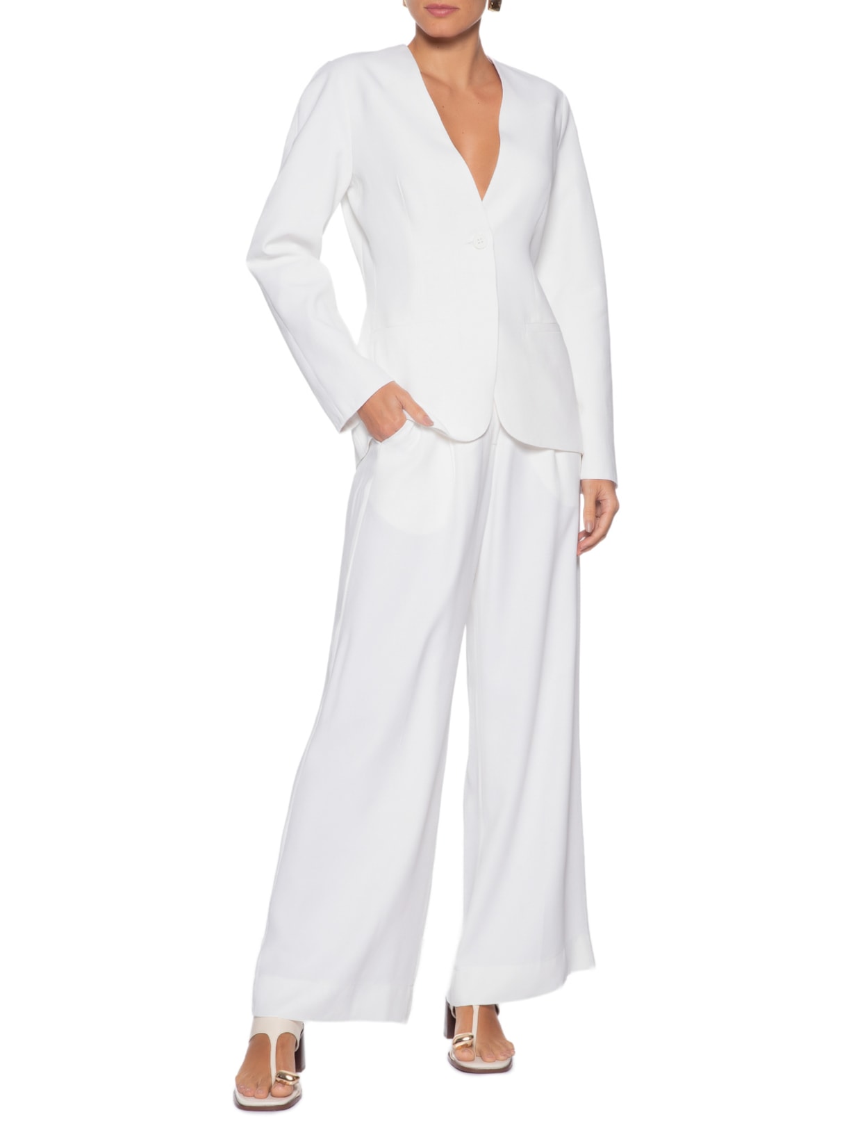 Blazer Feminino Sem Gola Manga Arco Branco Andrea Marques