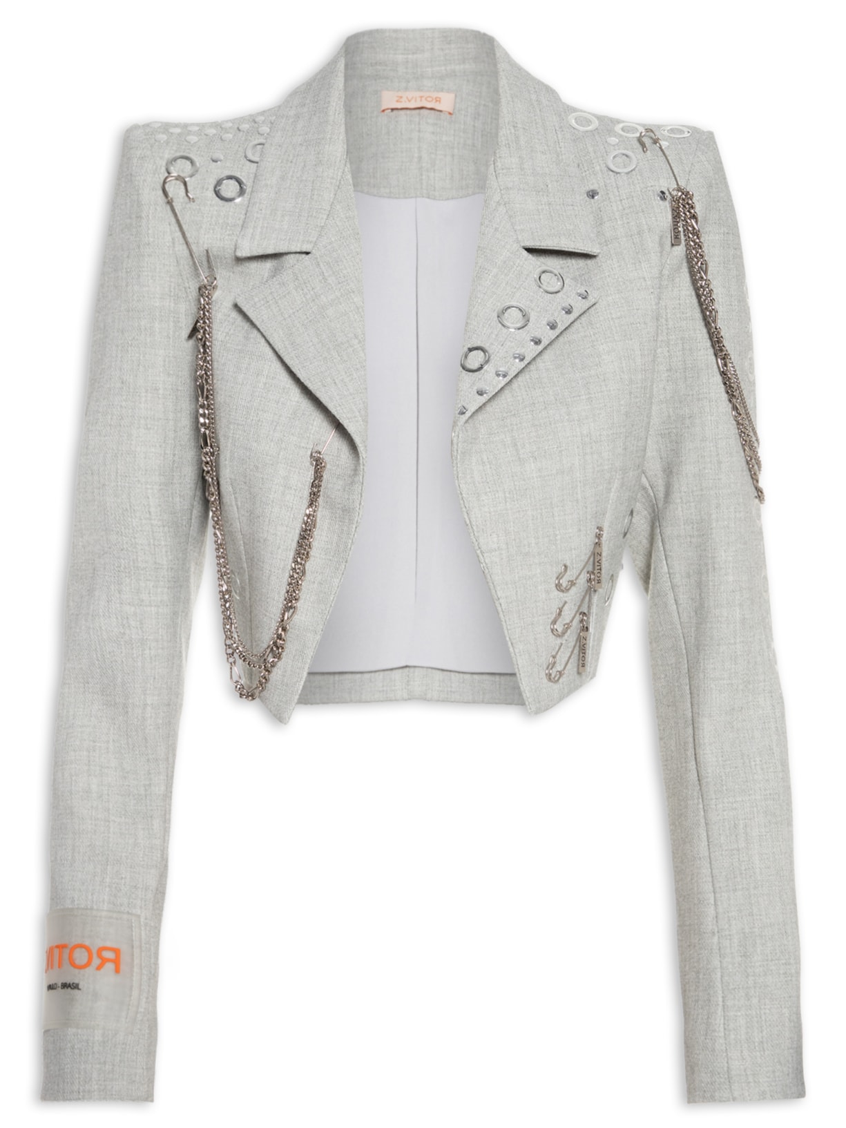 Blazer Feminino Spencer Mescla Com Hotfix E Correntes - Cinza