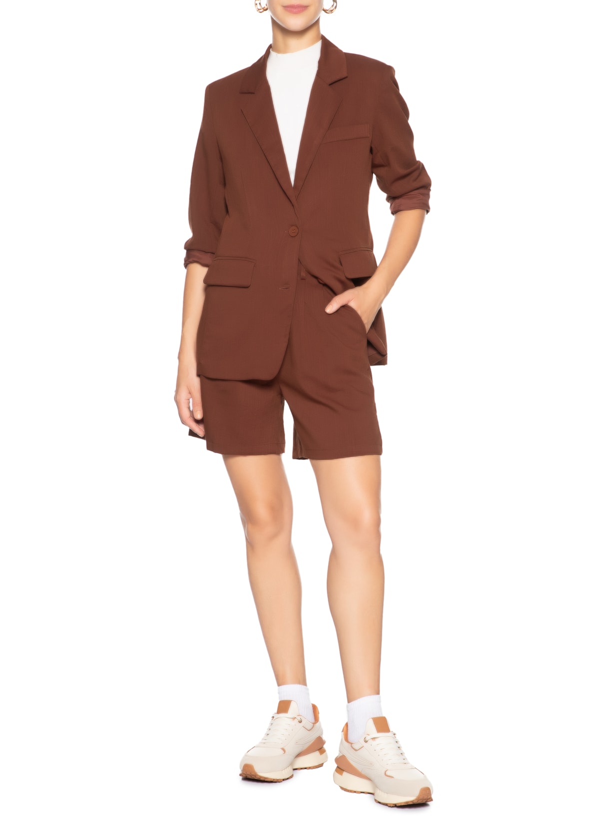 Blazer Feminino Texturizado Com Bolso Marrom Basiq